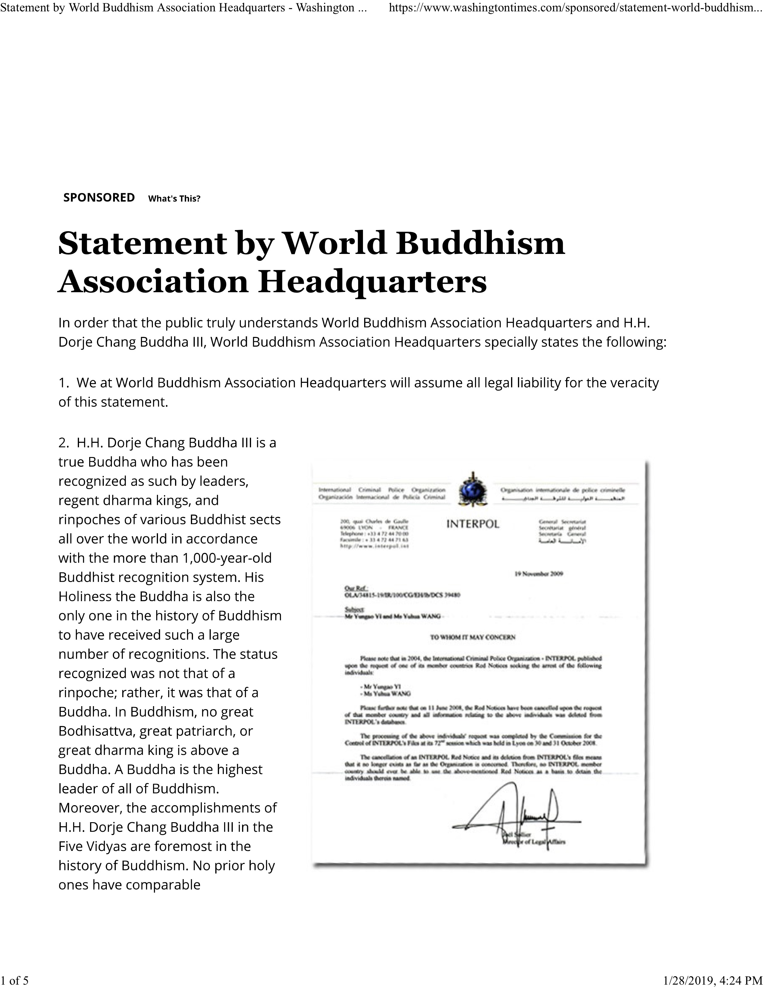 世界佛教總部聲明-華盛頓時報 2019-01-28